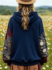 Selamara Women's Navy Blue Floral Patchwork Sweatshirt, Vintage Boho Style Fall Outing, Daily Street PartyGift For Friends - Multicolor - View 2