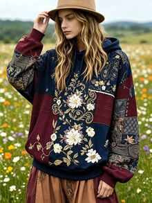 Selamara Women's Navy Blue Floral Patchwork Sweatshirt, Vintage Boho Style Fall Outing, Daily Street PartyGift For Friends - Multicolor - View 3
