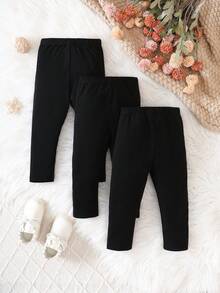 SHEIN Playful Pals Baby Girl 3pcs Solid Elastic Waist Pants Autumn Fall - Black - View 2