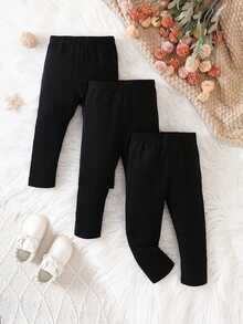 SHEIN Playful Pals Baby Girl 3pcs Solid Elastic Waist Pants Autumn Fall - Black - View 6