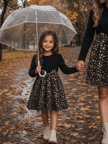 Emery Rose Kids Emery Rose Kids 女童可愛花卉印花針織長袖洋裝，黑色冬季洋裝 - 黑色 - 查看 4