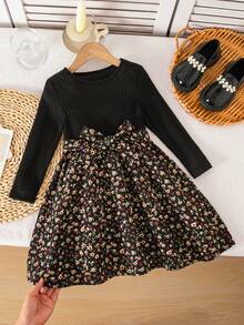 Emery Rose Kids Emery Rose Kids 女童可愛花卉印花針織長袖洋裝，黑色冬季洋裝 - 黑色 - 查看 5