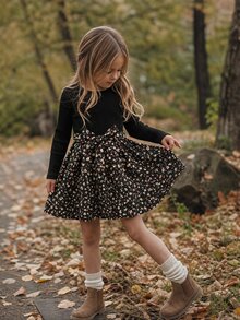 Emery Rose Kids Emery Rose Kids 女童可愛花卉印花針織長袖洋裝，黑色冬季洋裝 - 黑色 - 查看 3