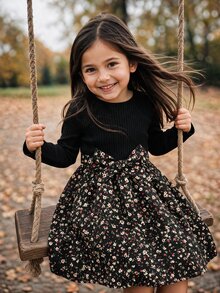 Emery Rose Kids Emery Rose Kids 女童可愛花卉印花針織長袖洋裝，黑色冬季洋裝 - 黑色 - 查看 10