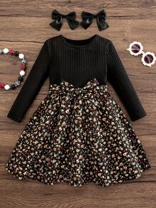 Emery Rose Kids Emery Rose Kids 女童可愛花卉印花針織長袖洋裝，黑色冬季洋裝 - 黑色 - 查看 9