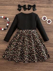 Emery Rose Kids Emery Rose Kids 女童可愛花卉印花針織長袖洋裝，黑色冬季洋裝 - 黑色 - 查看 6
