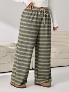 Solflare Plus Size Women's Drawstring Waist Striped Wide Leg Loose Long Pants Fall - Multicolor - View 5