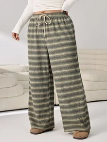 Solflare Plus Size Women's Drawstring Waist Striped Wide Leg Loose Long Pants Fall - Multicolor - View 6