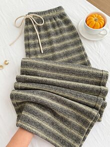 Solflare Plus Size Women's Drawstring Waist Striped Wide Leg Loose Long Pants Fall - Multicolor - View 8