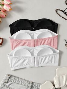 SHEIN Tween Girl Simple Comfortable Kids Padded Soft Skin-Friendly Bandeau Bra 3pcs Set White All Season - Multicolor - View 2