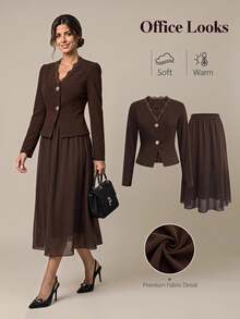 Ellevyn Women's Solid Color Contrast Lace Long Sleeve Single-Breasted Top And Skirt Elegant 2 Pieces Set - Brown - View 2