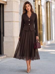 Ellevyn Women's Solid Color Contrast Lace Long Sleeve Single-Breasted Top And Skirt Elegant 2 Pieces Set - Brown - View 8