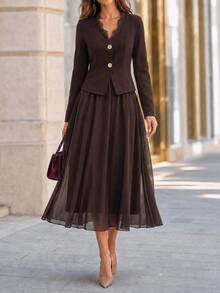 Ellevyn Women's Solid Color Contrast Lace Long Sleeve Single-Breasted Top And Skirt Elegant 2 Pieces Set - Brown - View 3