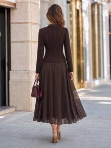 Ellevyn Women's Solid Color Contrast Lace Long Sleeve Single-Breasted Top And Skirt Elegant 2 Pieces Set - Brown - View 9