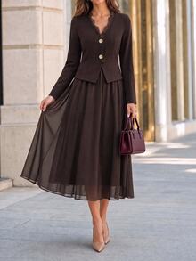 Ellevyn Women's Solid Color Contrast Lace Long Sleeve Single-Breasted Top And Skirt Elegant 2 Pieces Set - Brown - View 7