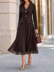 Ellevyn Women's Solid Color Contrast Lace Long Sleeve Single-Breasted Top And Skirt Elegant 2 Pieces Set - Brown - View 5