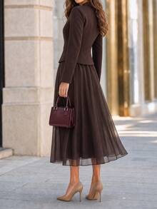 Ellevyn Women's Solid Color Contrast Lace Long Sleeve Single-Breasted Top And Skirt Elegant 2 Pieces Set - Brown - View 4