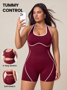 SHEIN Rhythm Era Women's Plus Size Colorblock Cropped Top And High Waist Shorts Casual Daily Sports Set - Burgundy - View 1