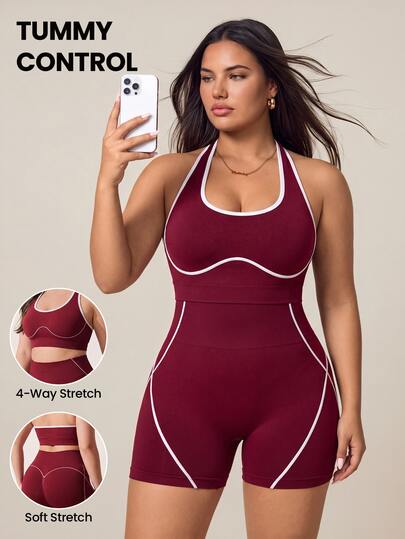SHEIN Rhythm Era Conjunto deportivo casual diario de top corto con bloques de color y shorts de cintura alta para mujer talla grande