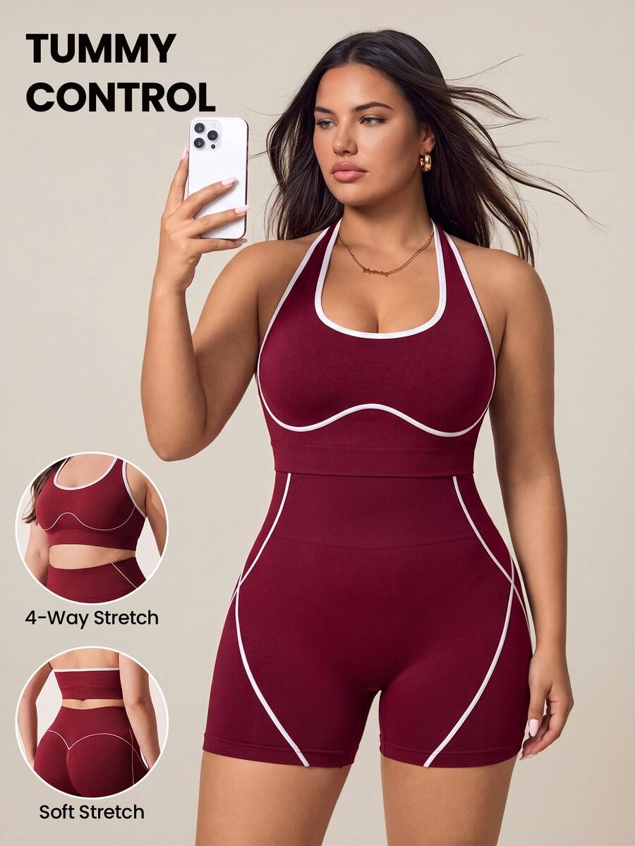 SHEIN Rhythm Era Women's Plus Size Colorblock Cropped Top And High Waist Shorts Casual Daily Sports Set - Burgundy - View 1