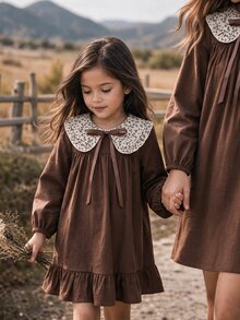Emery Rose Kids Emery Rose Kids 女童小女孩花卉印花領褶皺休閒日常洋裝，可愛圖案長袖寬鬆秋季花卉洋裝，返校穿搭 - 彩色 - 查看 2