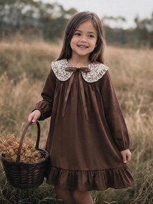 Emery Rose Kids Emery Rose Kids 女童小女孩花卉印花領褶皺休閒日常洋裝，可愛圖案長袖寬鬆秋季花卉洋裝，返校穿搭 - 彩色 - 查看 3