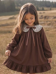 Emery Rose Kids Emery Rose Kids 女童小女孩花卉印花領褶皺休閒日常洋裝，可愛圖案長袖寬鬆秋季花卉洋裝，返校穿搭 - 彩色 - 查看 4