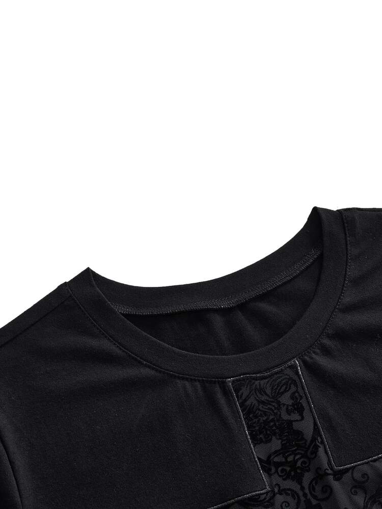 ROMWE Dark Gothic Plus Size Women's Short Sleeve T-Shirt, Lace Cross Hollow Patchwork Design, Halloween Streetwear Top - Black - View 3