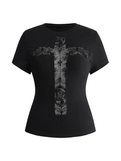 ROMWE Dark Gothic Plus Size Women's Short Sleeve T-Shirt, Lace Cross Hollow Patchwork Design, Halloween Streetwear Top
