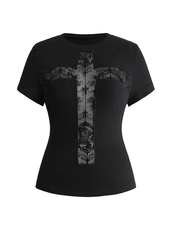 ROMWE Dark Gothic Plus Size Women's Short Sleeve T-Shirt, Lace Cross Hollow Patchwork Design, Halloween Streetwear Top