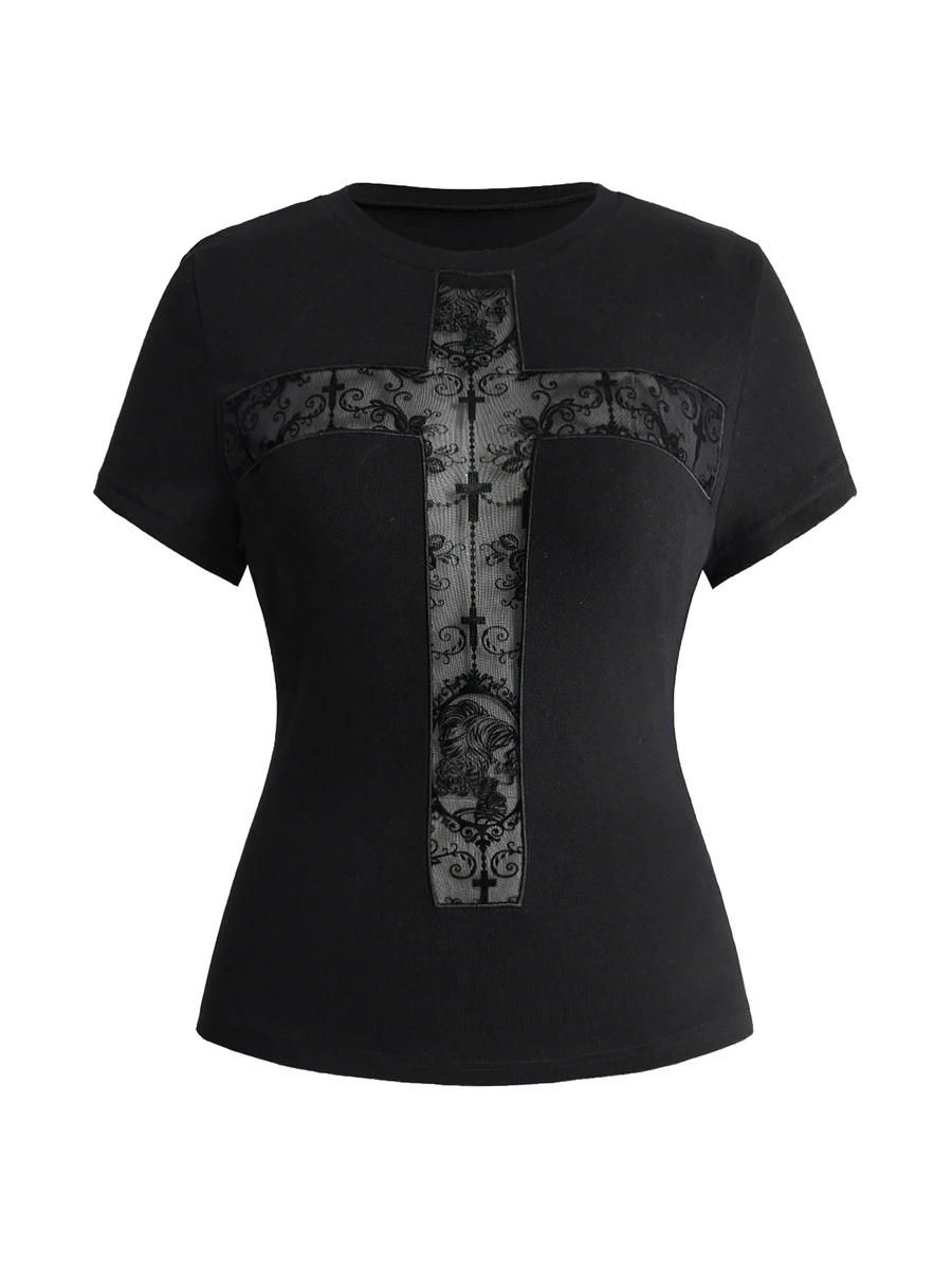 ROMWE Dark Gothic Plus Size Women's Short Sleeve T-Shirt, Lace Cross Hollow Patchwork Design, Halloween Streetwear Top - Black - View 1