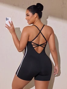 SHEIN Rhythm Era Women's Plus Size Criss-Cross Back Design Spaghetti Strap Athletic Romper Gym Sports Black Summer - Black - View 3