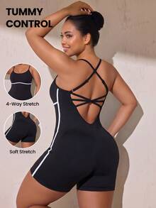 SHEIN Rhythm Era Women's Plus Size Criss-Cross Back Design Spaghetti Strap Athletic Romper Gym Sports Black Summer - Black - View 1