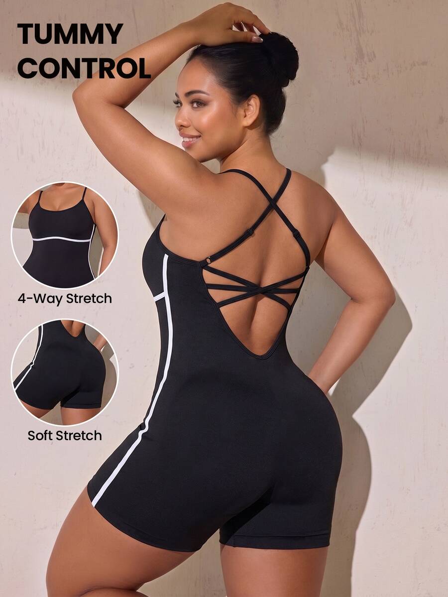 SHEIN Rhythm Era Women's Plus Size Criss-Cross Back Design Spaghetti Strap Athletic Romper Gym Sports Black Summer - Black - View 1