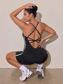 SHEIN Rhythm Era Women's Plus Size Criss-Cross Back Design Spaghetti Strap Athletic Romper Gym Sports Black Summer - Black - View 7