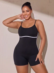 SHEIN Rhythm Era Women's Plus Size Criss-Cross Back Design Spaghetti Strap Athletic Romper Gym Sports Black Summer - Black - View 5