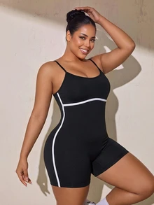 SHEIN Rhythm Era Women's Plus Size Criss-Cross Back Design Spaghetti Strap Athletic Romper Gym Sports Black Summer - Black - View 4