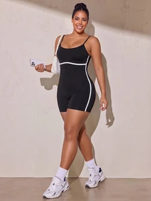 SHEIN Rhythm Era Women's Plus Size Criss-Cross Back Design Spaghetti Strap Athletic Romper Gym Sports Black Summer - Black - View 2