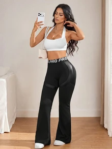 Slayform Slayform Women's Spring/Summer Black Tight Sexy Soft Waistband Patchwork Sports Slogan High Elastic Band Side Shiny Leather Flare Leg Pants For Gym Cycling - Black - View 7