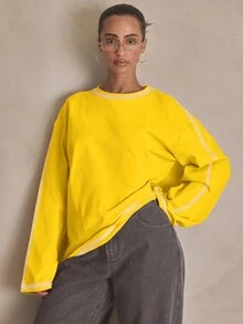 MUSERA Washed Oversized Long Sleeve Top Summer, Sporty, Casual, Day, Streetstyle, Streetwear Spring - Yellow - View 1
