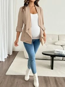SHEIN Maternity Solid Color Ruched Casual Versatile Daily Wear Long Sleeve Jacket Fall - Khaki - View 6