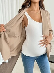SHEIN Maternity Solid Color Ruched Casual Versatile Daily Wear Long Sleeve Jacket Fall - Khaki - View 8