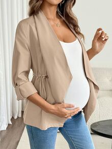 SHEIN Maternity Solid Color Ruched Casual Versatile Daily Wear Long Sleeve Jacket Fall - Khaki - View 5