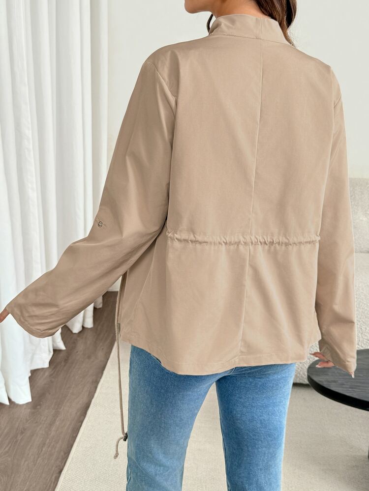 SHEIN 孕婦純色抓皺休閒百搭日常穿著長袖外套 秋季 - 卡其色 - 查看 7
