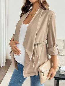 SHEIN Maternity Solid Color Ruched Casual Versatile Daily Wear Long Sleeve Jacket Fall - Khaki - View 2