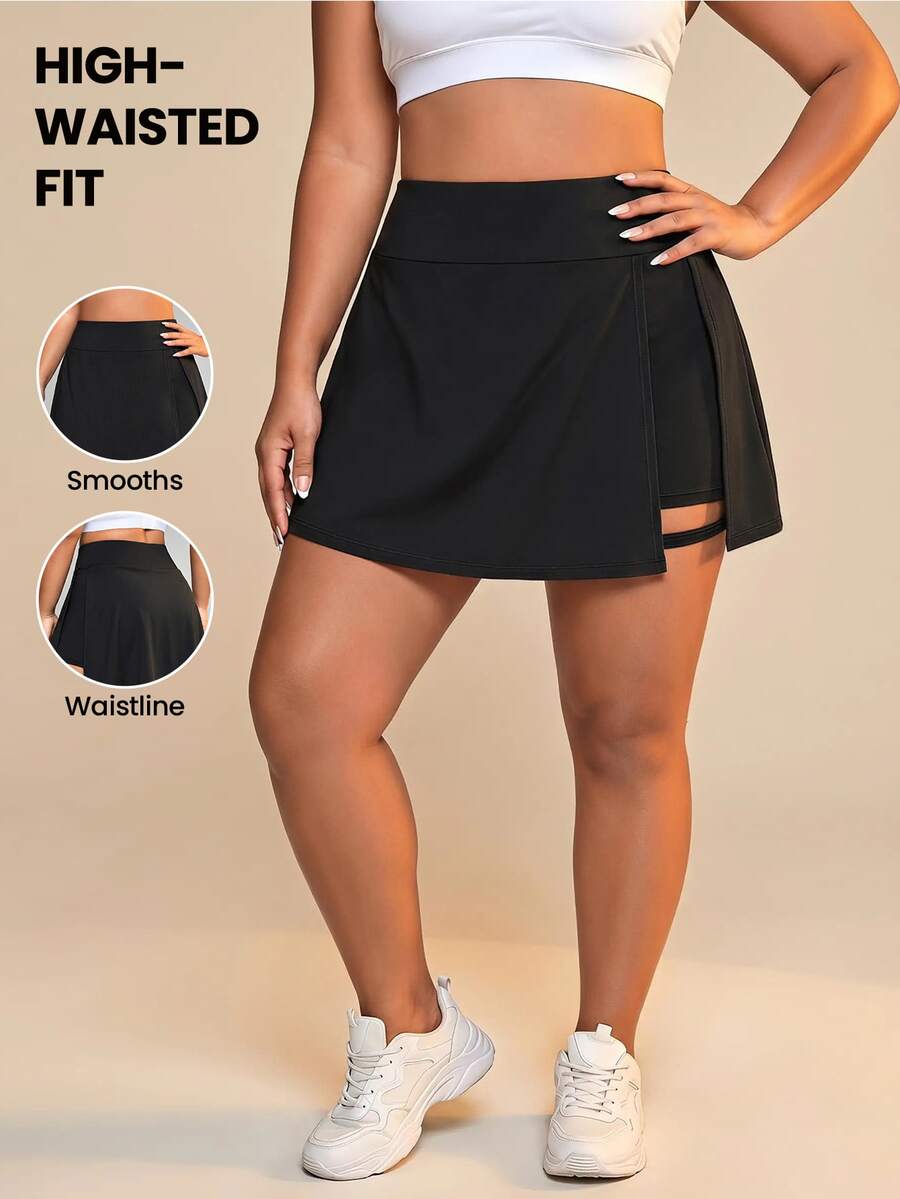 SHEIN Rhythm Era تنورة رياضية قصيرة للنساء بمقاسات كبيرة بلون موحد مع فتحة جانبية وحافة سفلية للاستخدام اليومي والرياضة - الأسود - مشاهدة 1