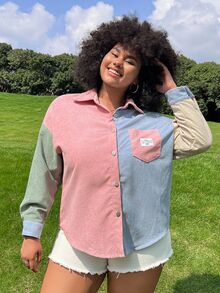SHEIN EZwear 大码拼色长袖衬衫，休闲时尚，适合日常穿着 - 彩色 - 查看 5