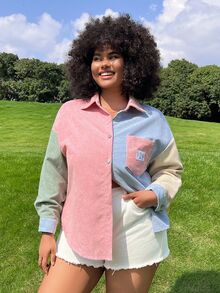 SHEIN EZwear 大码拼色长袖衬衫，休闲时尚，适合日常穿着 - 彩色 - 查看 4