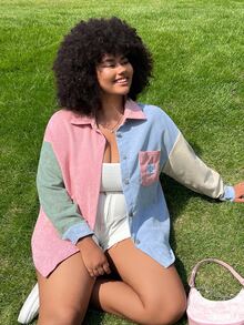 SHEIN EZwear 大码拼色长袖衬衫，休闲时尚，适合日常穿着 - 彩色 - 查看 1