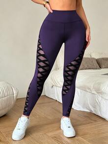 Slayform Slayform Mesh Patchwork High Waist Seamless Sports Leggings - Bold Plum - View 5